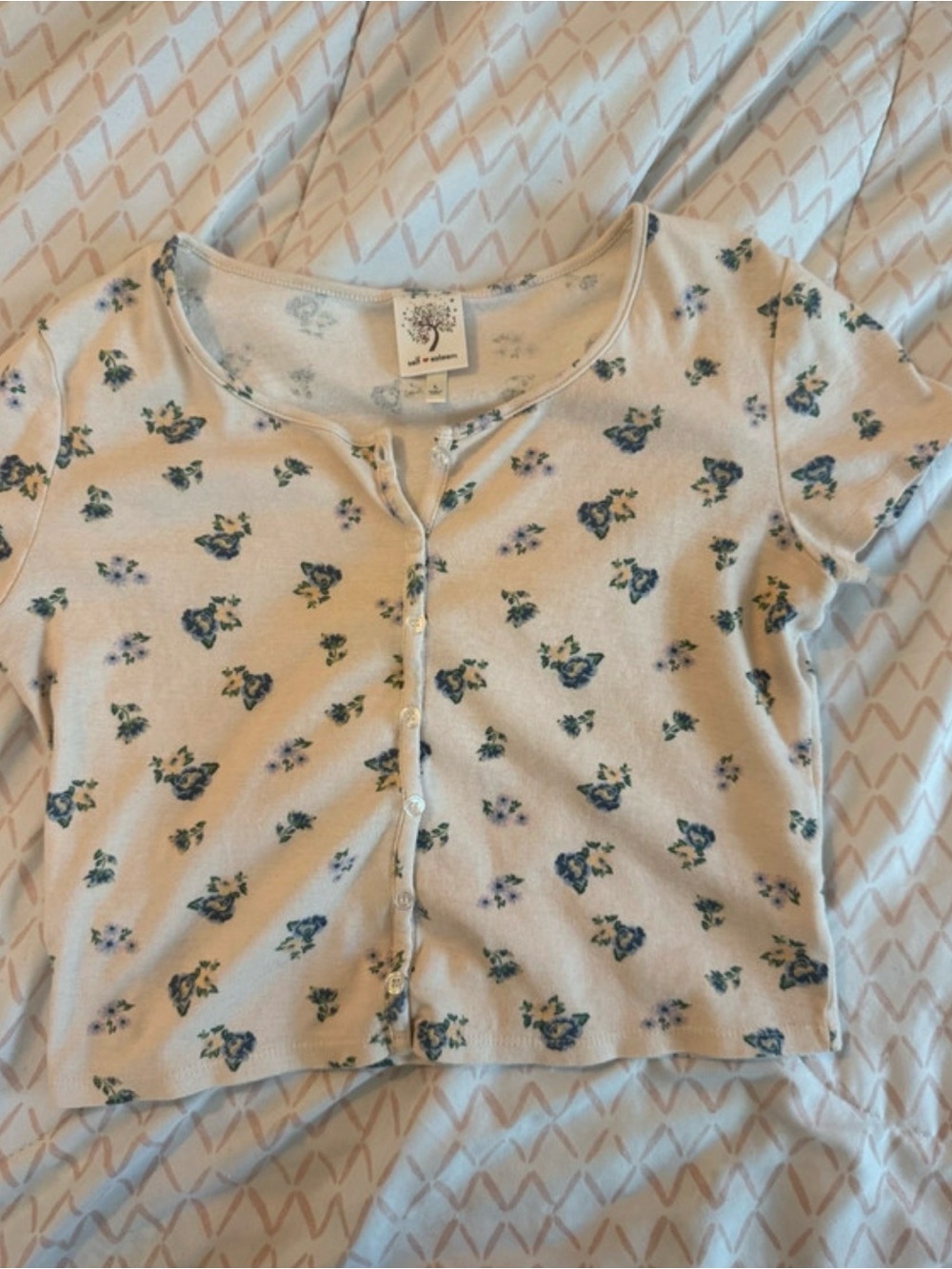 Self Esteem Cream Short-Sleeve Button Front Top with Blue Floral Print